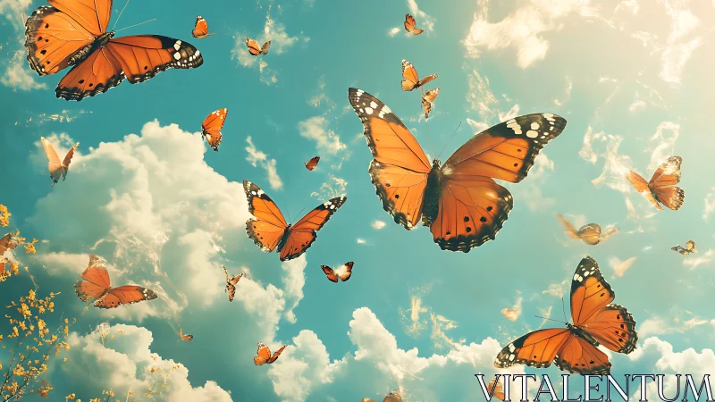 Orange butterflies occupy bright blue sky with dense clouds