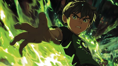Bold young hero reaches forward through glowing green power