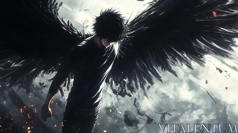 Dark winged warrior rises through storms and falling ash.