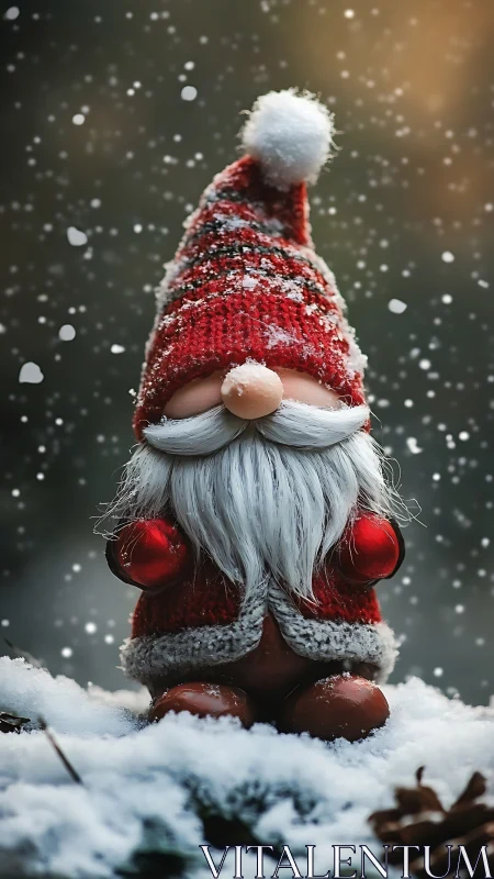 Whimsical Christmas gnome rests in softly falling snow
