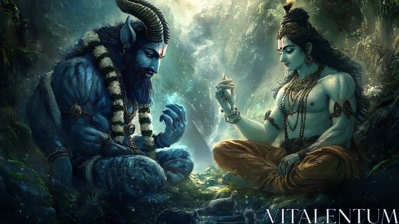 Divine forest parley between serene deity and horned titan.