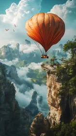Orange balloon glides above fog-dense karst cliffs with aerial depth