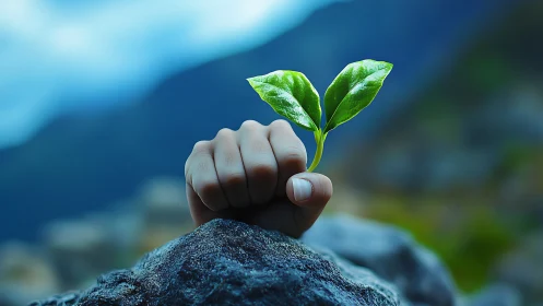 Human hand gripping rock with sprouting plant, nature resilience theme.