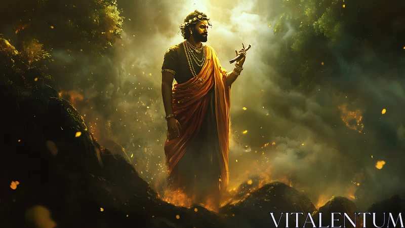 Mythic deity in luminous forest vortex rendered as digital painting