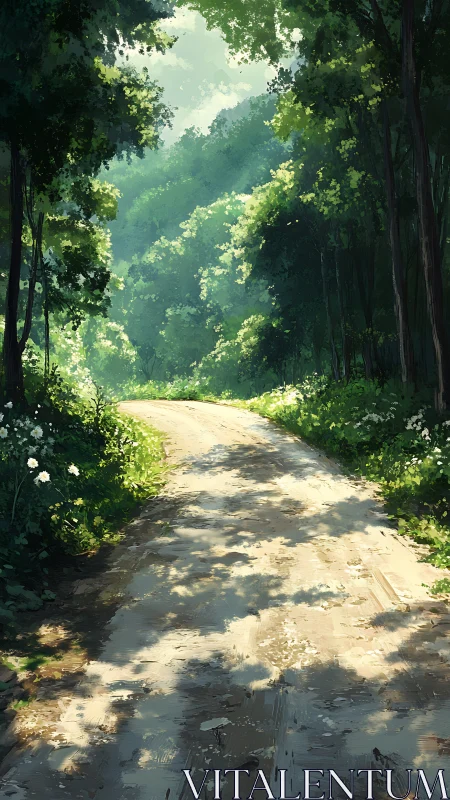 Sunlit Path Through Verdant Cathedral of Ancient Trees