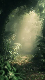 Ethereal Forest Tunnel with Dappled Sunlight Penetrating Dense Canopy