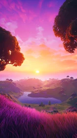 Vibrant stylized valley sunset over neon violet grasslands.