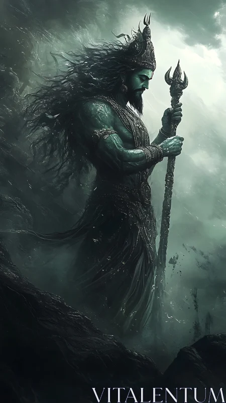 Stormbound sea guardian in swirling mist and shadowed waves.