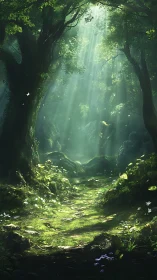 Misty Forest Canopy with Sunlight Through Trees