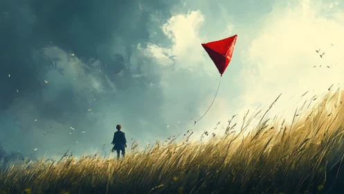 Child with red kite in windy golden field under clouds.