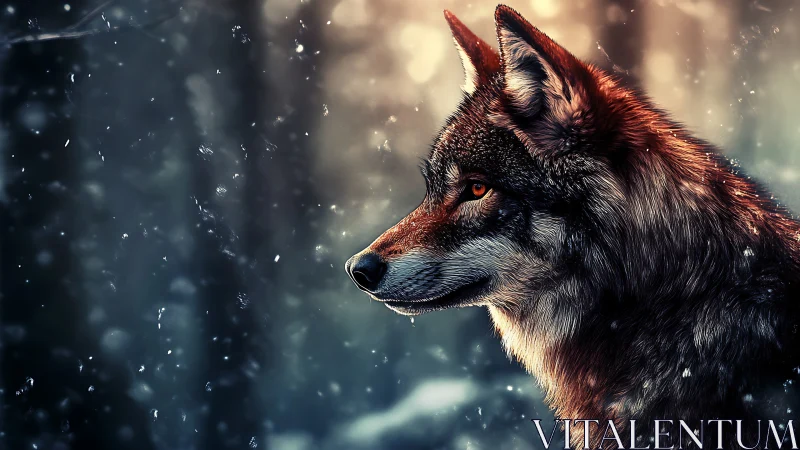 Lone wolf profile under cold snowfall, amber gaze glowing.