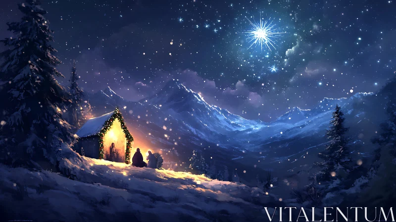 Starlit nativity cabin hums softly beneath the winter peaks