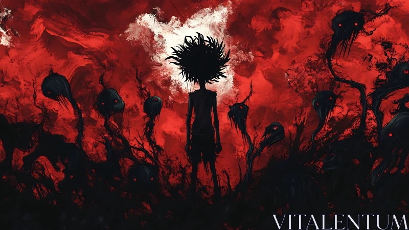 Silhouetted figure confronts red void and encroaching shadows