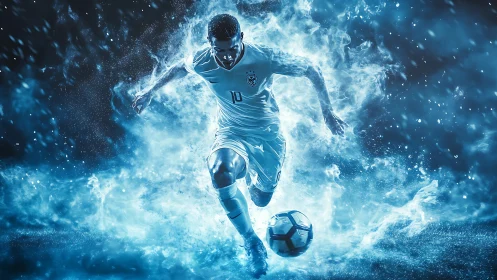 Dynamic blue energy soccer striker in motion surge.