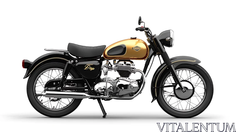 Side-profile render of classic gold and black single-cylinder motorcycle