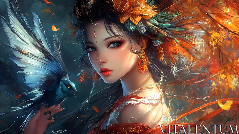 Autumn fairy and faithful blue bird in glowing forest light.
