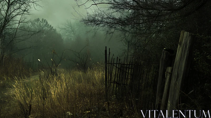 Fog-drenched forest gateway where rust and thistles whisper.