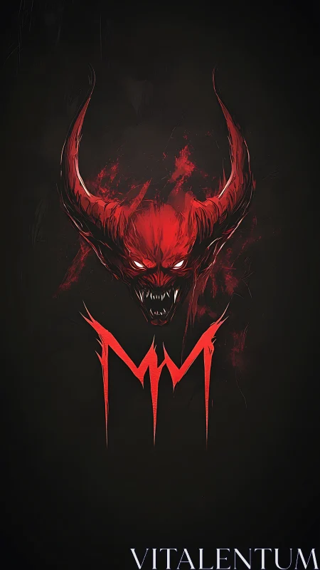 Demonic horned skull emerges in crimson against black void.