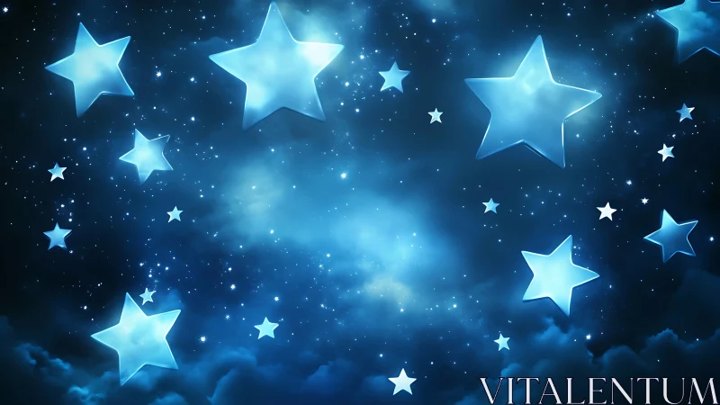 Luminous blue star shapes floating through nebula night sky.
