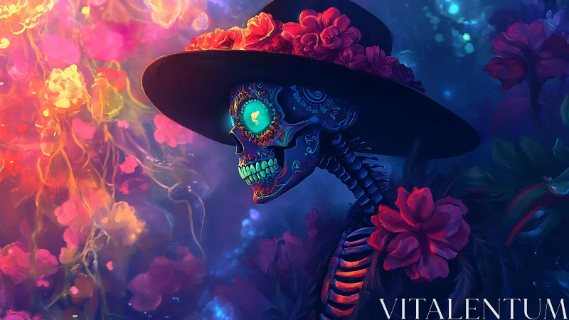 Radiant calavera dream walking through neon blossoms.