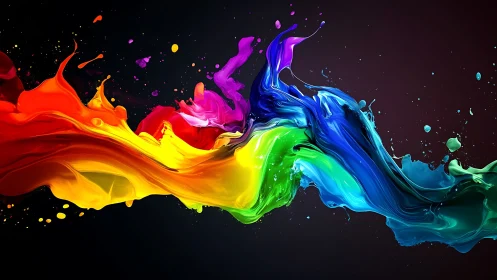 Vivid liquid rainbow paint streams arc across dark space