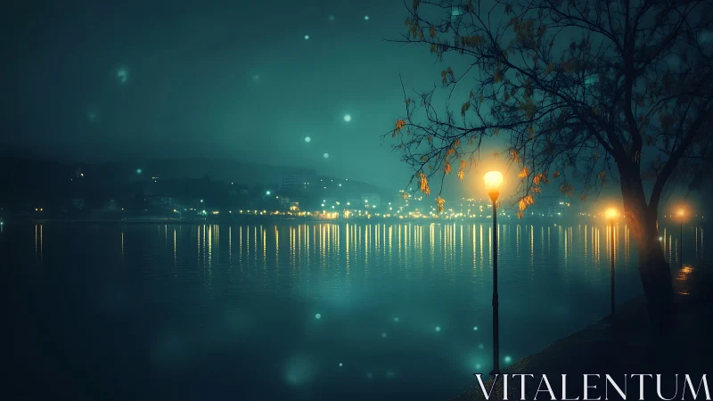 Lakeside lampposts humming under teal midnight mist.