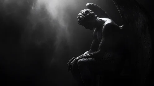 Backlit winged marble figure in chiaroscuro atmospheric haze
