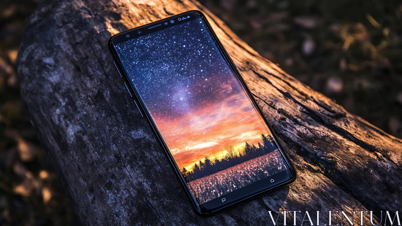 Stargazing smartphone cradles a blazing digital twilight sky.