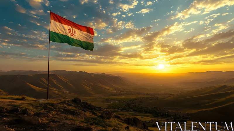 Iranian flag stands over wide valley landscape at sunset
