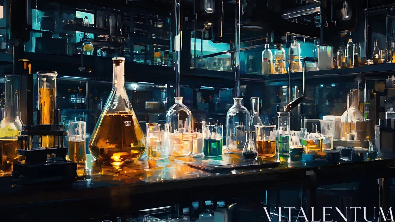 Futuristic chemistry lab with glowing glass flasks at night.