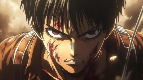 Injured anime soldier glares forward with intense determination