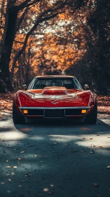 Front-on autumn roadway study of red classic sports coupe.