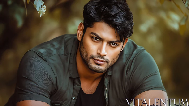 Confident man in green shirt meets the viewer with calm focus