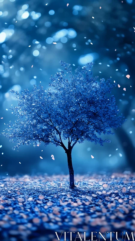 Solitary blue tree with falling petals in defocused light.