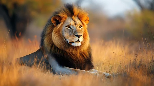 Majestic male lion resting in golden savanna grassland.