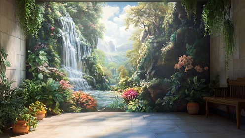 Indoor terrace quietly opens into a painted waterfall jungle