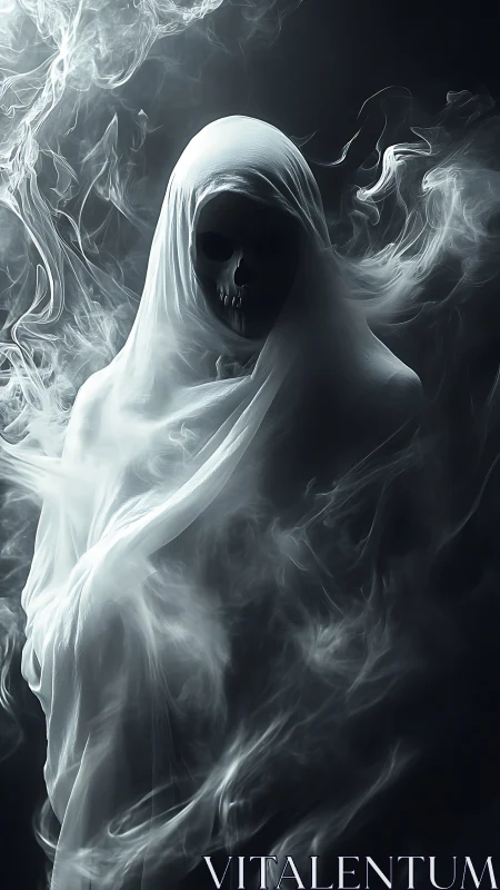 Veiled skeletal figure emerging within swirling white vapor.