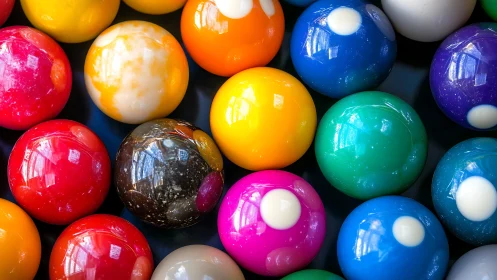 Colorful glossy billiard balls form tight reflective pattern