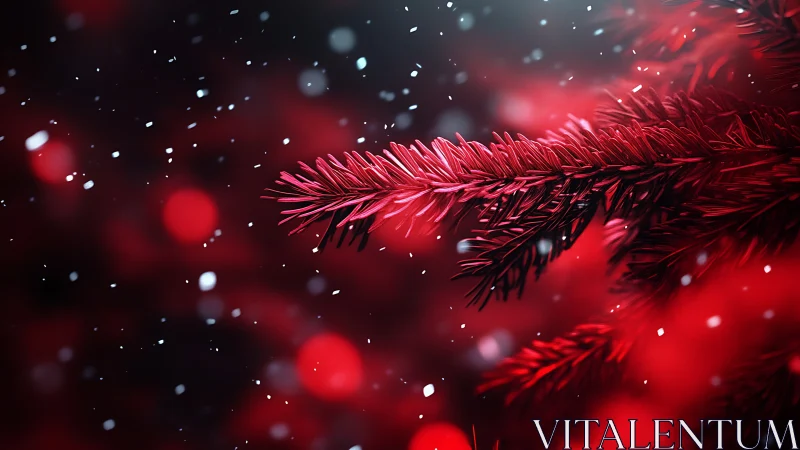 Red conifer branch is rendered with shallow depth of field