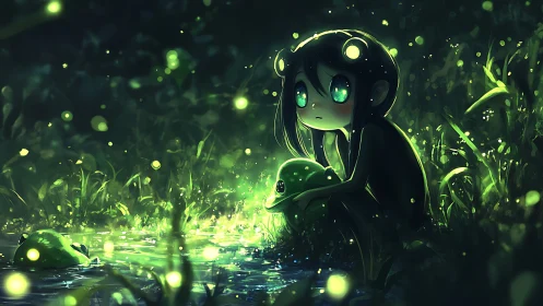 Frog girl gazes over glowing pond under dense nighttime foliage
