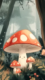Gentle forest mushroom family sharing a soft secret glow.