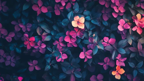 Magenta Blooms with Cyan Foliage: Overhead Floral Composition.