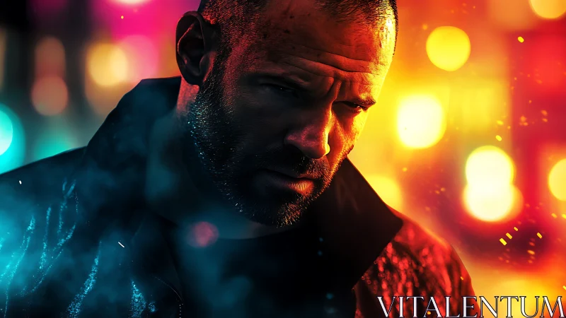 Moody bald man in neon city lights at night portrait.