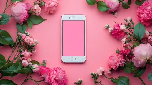 Blooming Mobile Joy Surrounded by Fresh Pink Flowers.