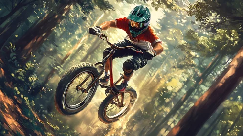 Mountain Biker Defies Gravity Through Sunlit Forest Canopy
