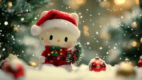 Cute cat figurine in Santa suit in snowy scene.