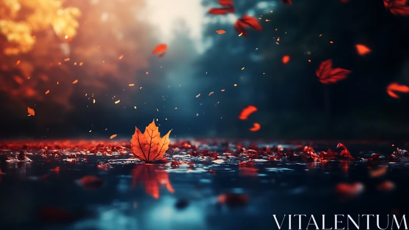 Cinematic digital painting of autumn leaf on reflective water.