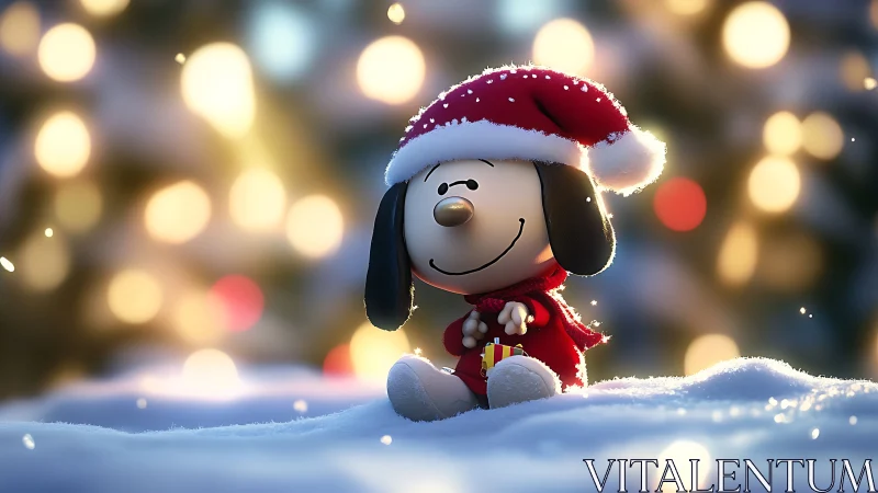 Cartoon dog figurine sits in snow before defocused lights