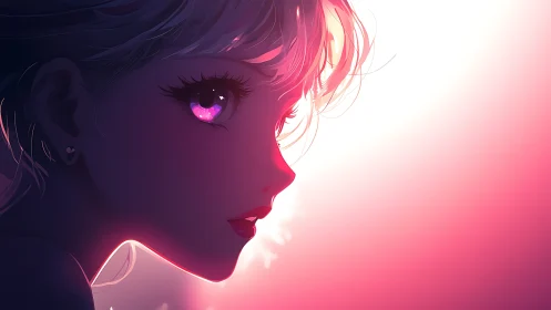 Soft neon gaze in a dreamy pink and purple twilight glow.