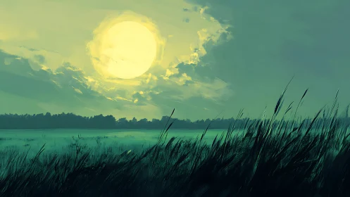 Moonrise over whispergrass marsh in teal twilight hush.